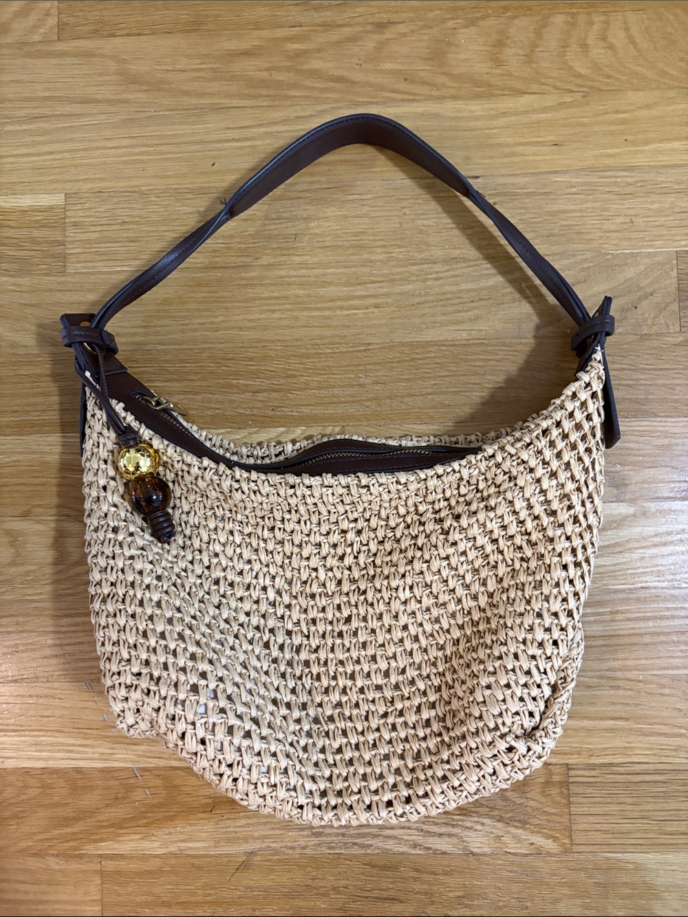 Zara Straw Hobo Bag with Dark Brown Trim